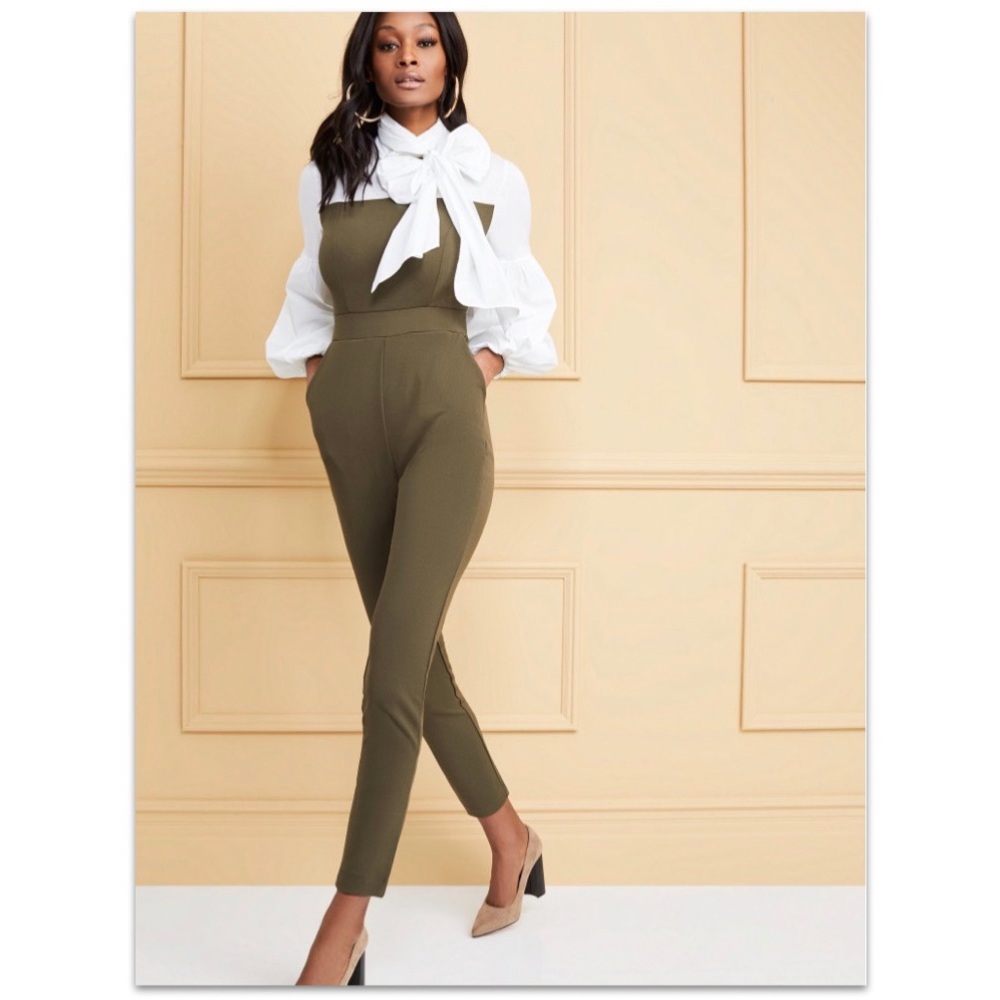 NY & Co. Poplin Twofer Tie Neck Pussy Bow Jumpsuit